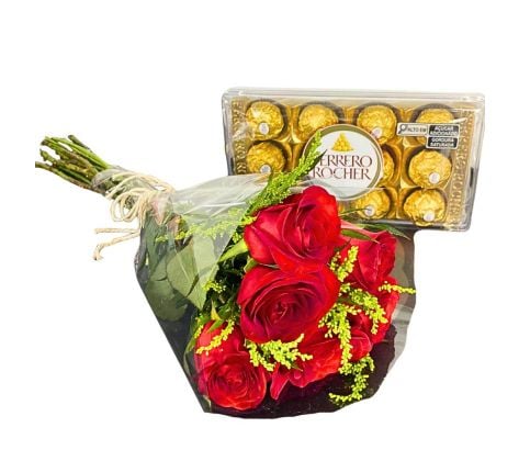 Buquê de 06 Rosas Vermelhas com Chocolates Ferrero Rocher