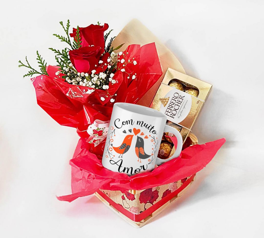 Kit Dia dos Namorados - Caneca, Chocolate, Flores