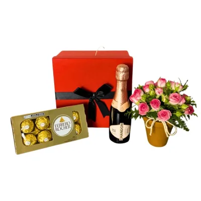 Kit Presente Luxo com Flores, Espumante e Chocolates