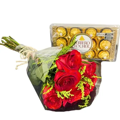 Buquê de 06 Rosas Vermelhas com Chocolates Ferrero Rocher